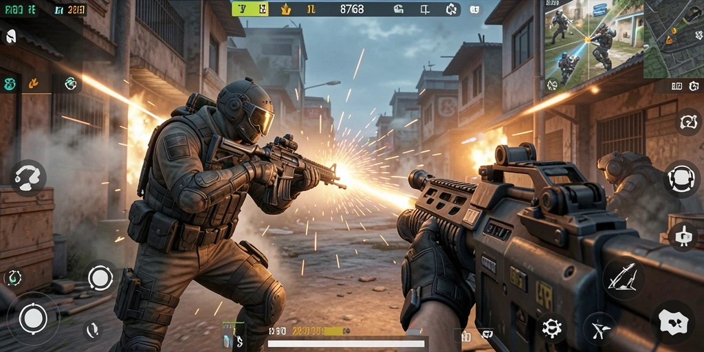 Tangkapan layar gameplay 8768 menunjukkan aksi tembak-menembak yang intens.