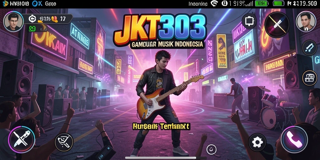 Screenshot utama JKT303 menampilkan gameplay seru dengan banyak musik.