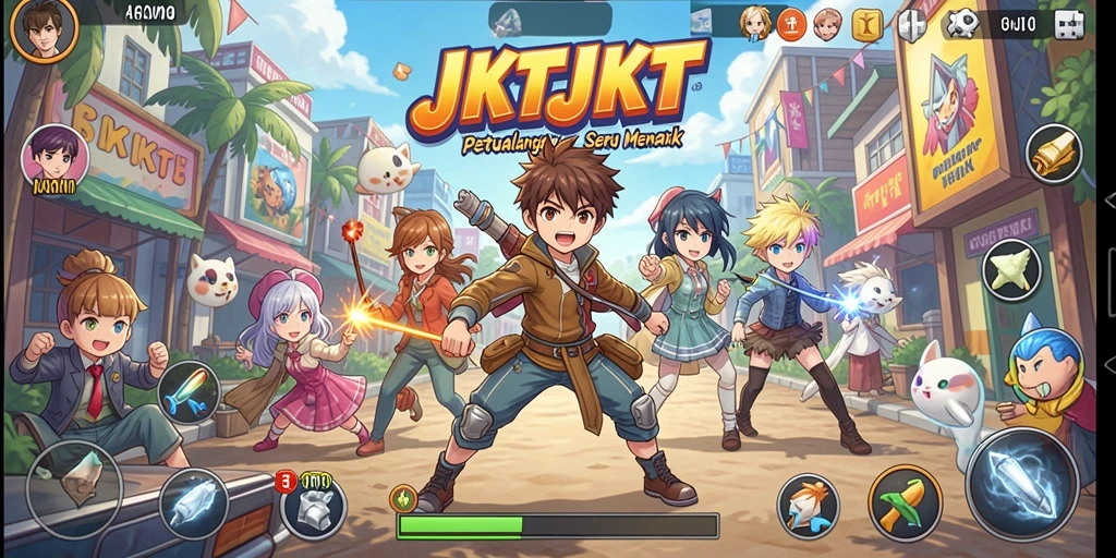 Tampilan gameplay seru dari JKTJKT dengan karakter anime yang menarik.