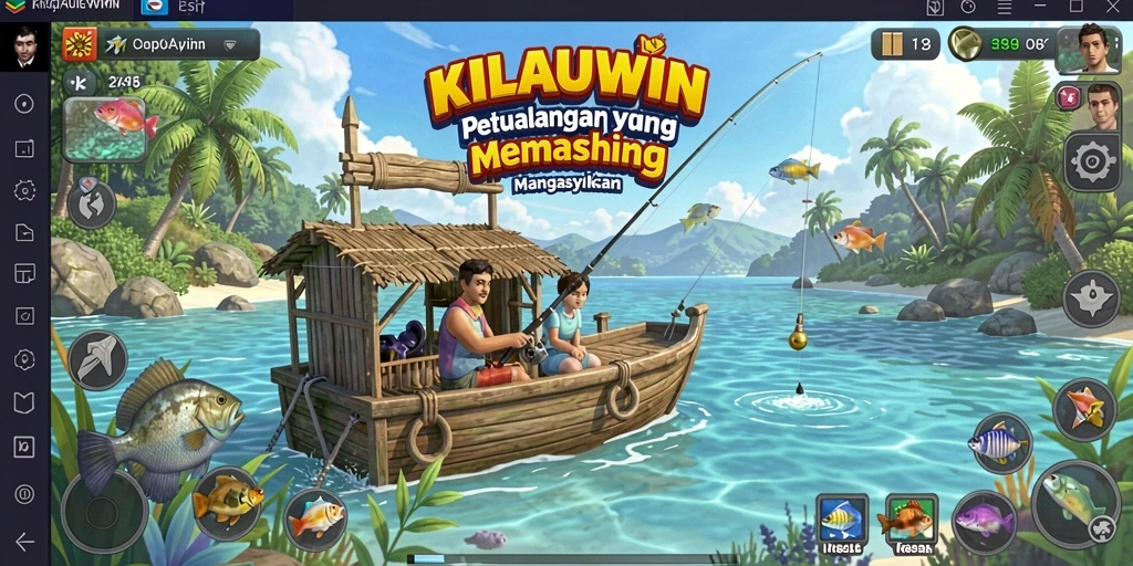 Tampilan gameplay KILAUWIN dengan beragam ikan dan lokasi menarik.