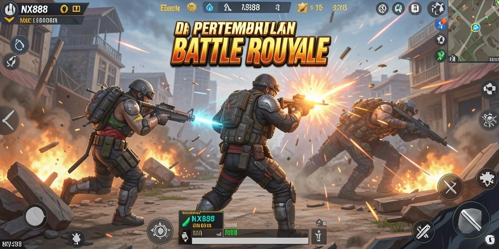 Tampilan gameplay NX888 yang penuh aksi dalam mode Battle Royale.