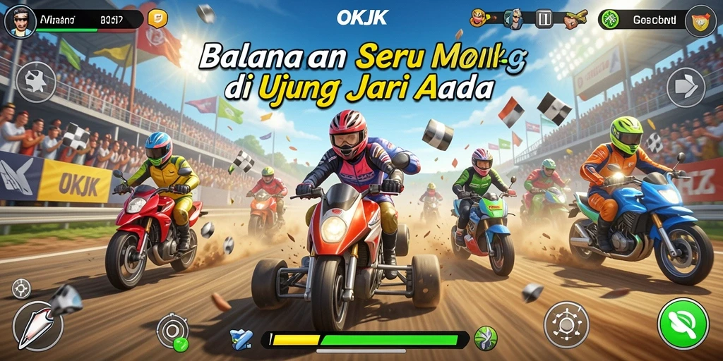Screenshot utama OKJK yang menunjukkan aksi balapan yang mendebarkan.