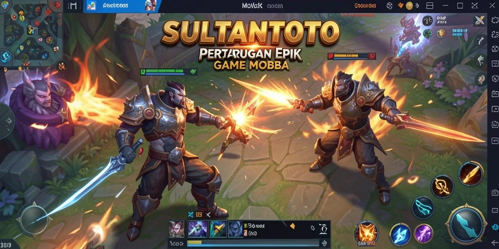 Gambaran gameplay epik di SULTANTOTO dengan pahlawan bertarung.