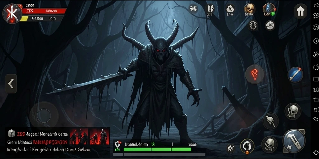 Screenshot gameplay ZK9 menampilkan suasana mencekam dan karakter menakutkan.